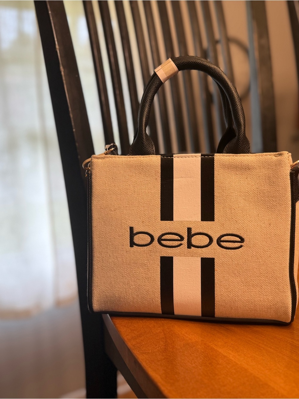 bebe Beige Canvas Satchel with Black Trim and Stripe